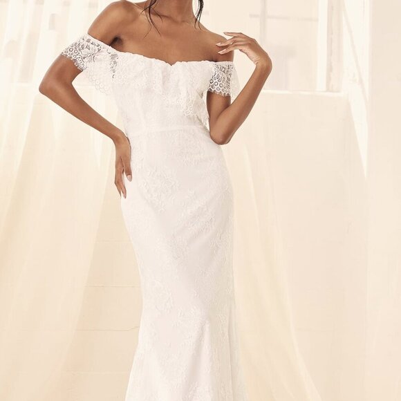 Lulus Dresses & Skirts - NWT Lulus Cherished Forever White Off-the-Shoulder Lace Maxi Dress​